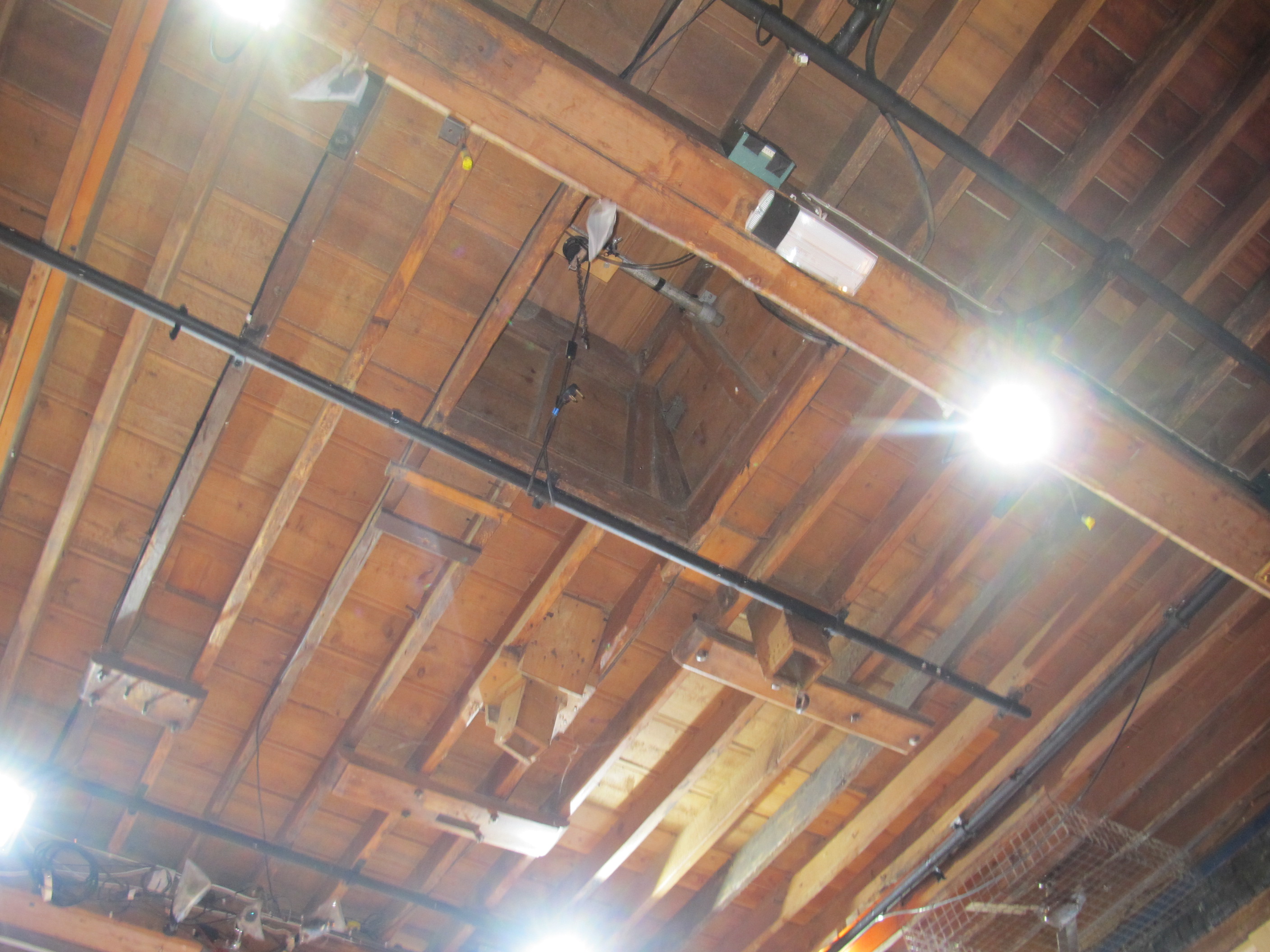 The wooden ceiling of The Watermill Theatres auditorium.