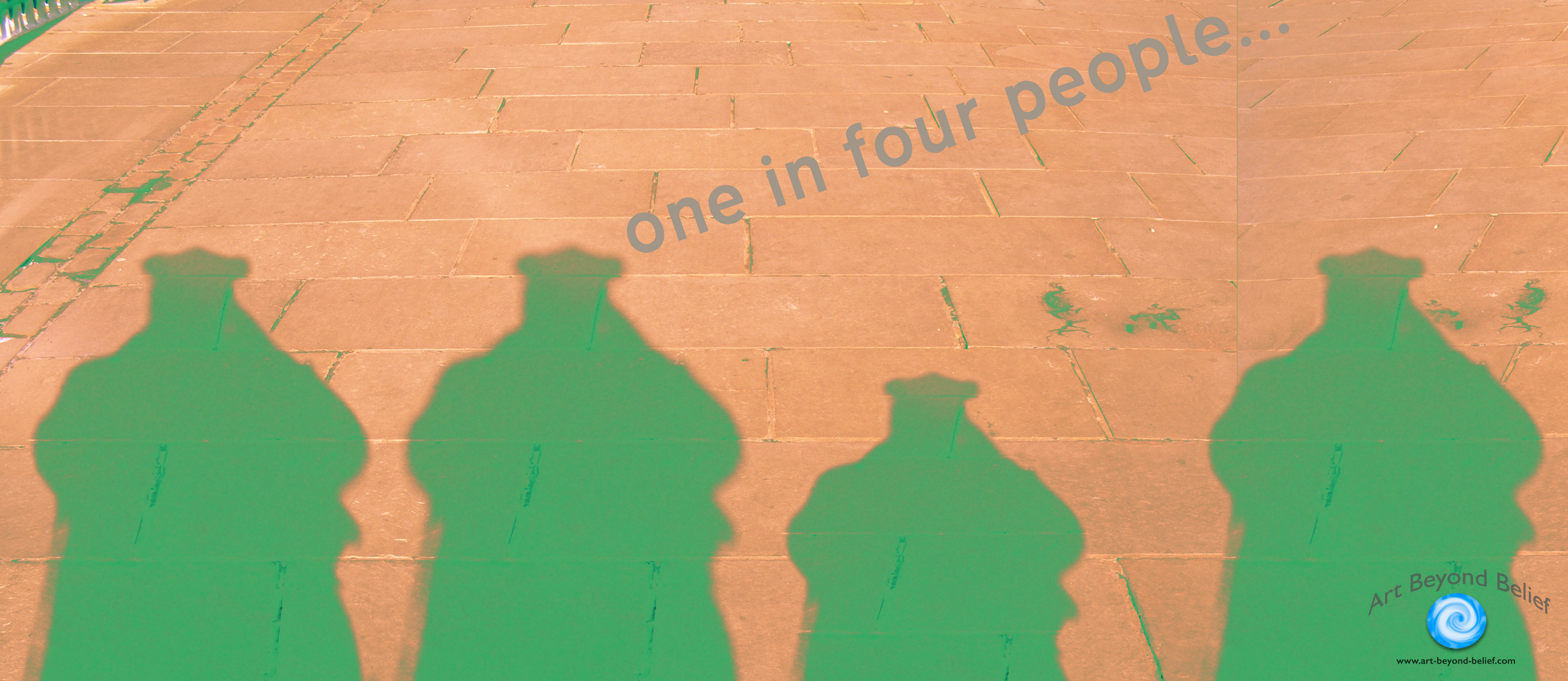 A picture of four peoples shadows, edited to look green.