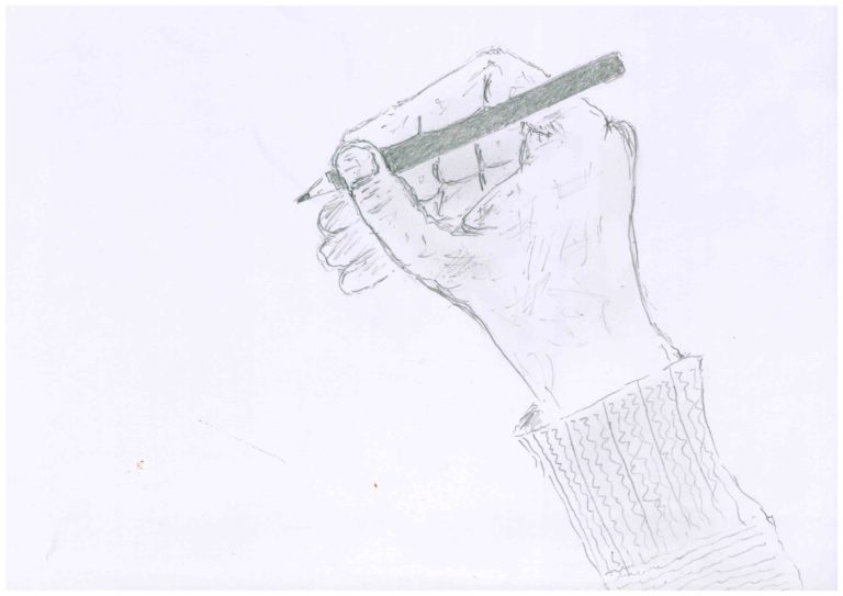 A drawing of a hand holding a pencil.