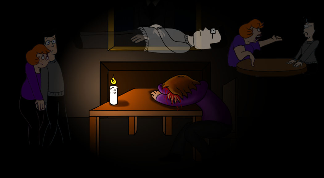 A computerised image of a woman sitting at a table lit by a single candle, with flashbacks of her lift floating around her.