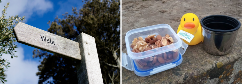 A 2-photo collage featuring a footpath sign alongside a photo of a yellow rubber duck mascot and some coffee and nuts taken on one of Simon's walks.